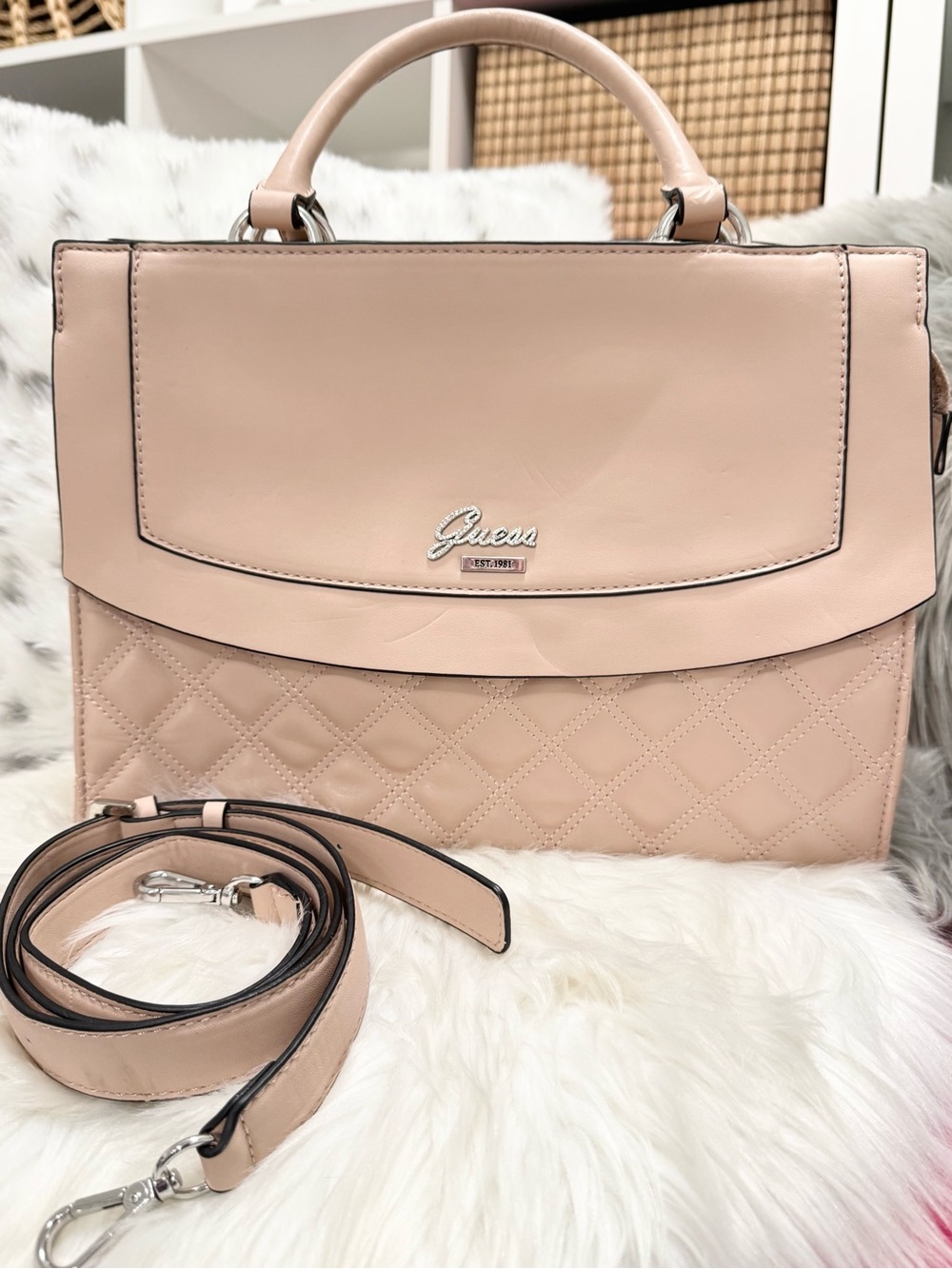 Guess Satchel Top Handle Handbag Purse in Blush Removable Shoulder Strap